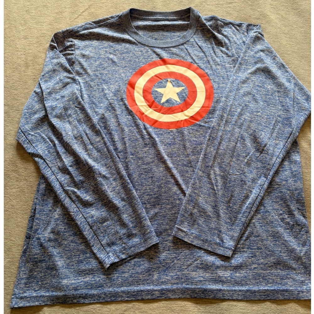 Marvel Captain America Mens Blue Space Dye Long Sleeve Performance Shirt XL